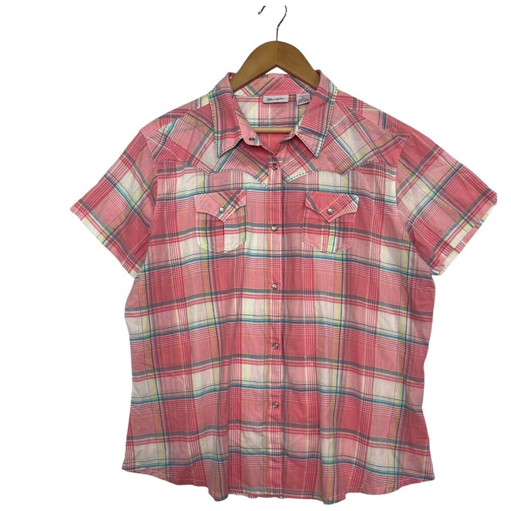 Wrangler Top Womens XL Pink Plaid Western Pearl Snap Cowgirl Rodeo Y2K Ranch